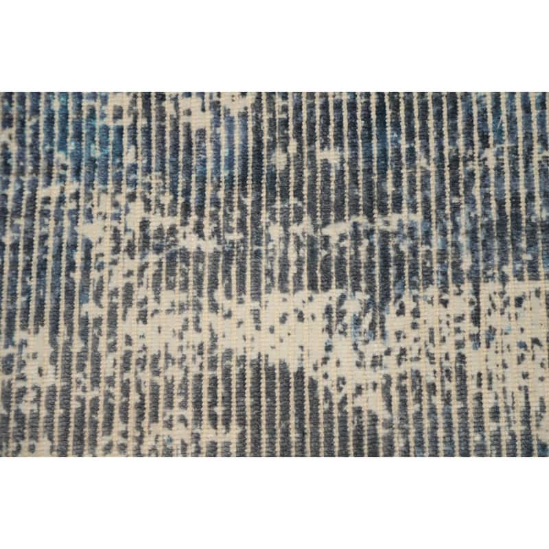 Hand Knotted Oriental Viscose Silk Carpet Modern Abstract Navy Blue & Blues Abstract Area Rug - 4' 0'' X 2' 0''
