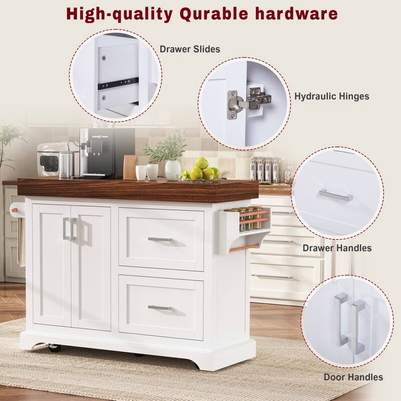 53" Large Kitchen Island with 3.5" Thick Desktop, Spice and Towel Racks, Kitchen Island with Storage on 5 Wheels, 2 Drawers
