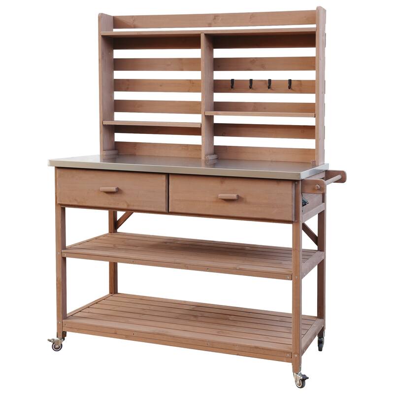64.9"H Outdoor Potting Table with Lockable Wheels,Solid Wood Kitchen Island with Upper Hutch,Stainless Steel Top,Towel Rack