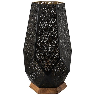 Laser-Cut Leaf Pattern Iron Table Lamp with Wood Base - 16.5" - Black and Gold - 16.5