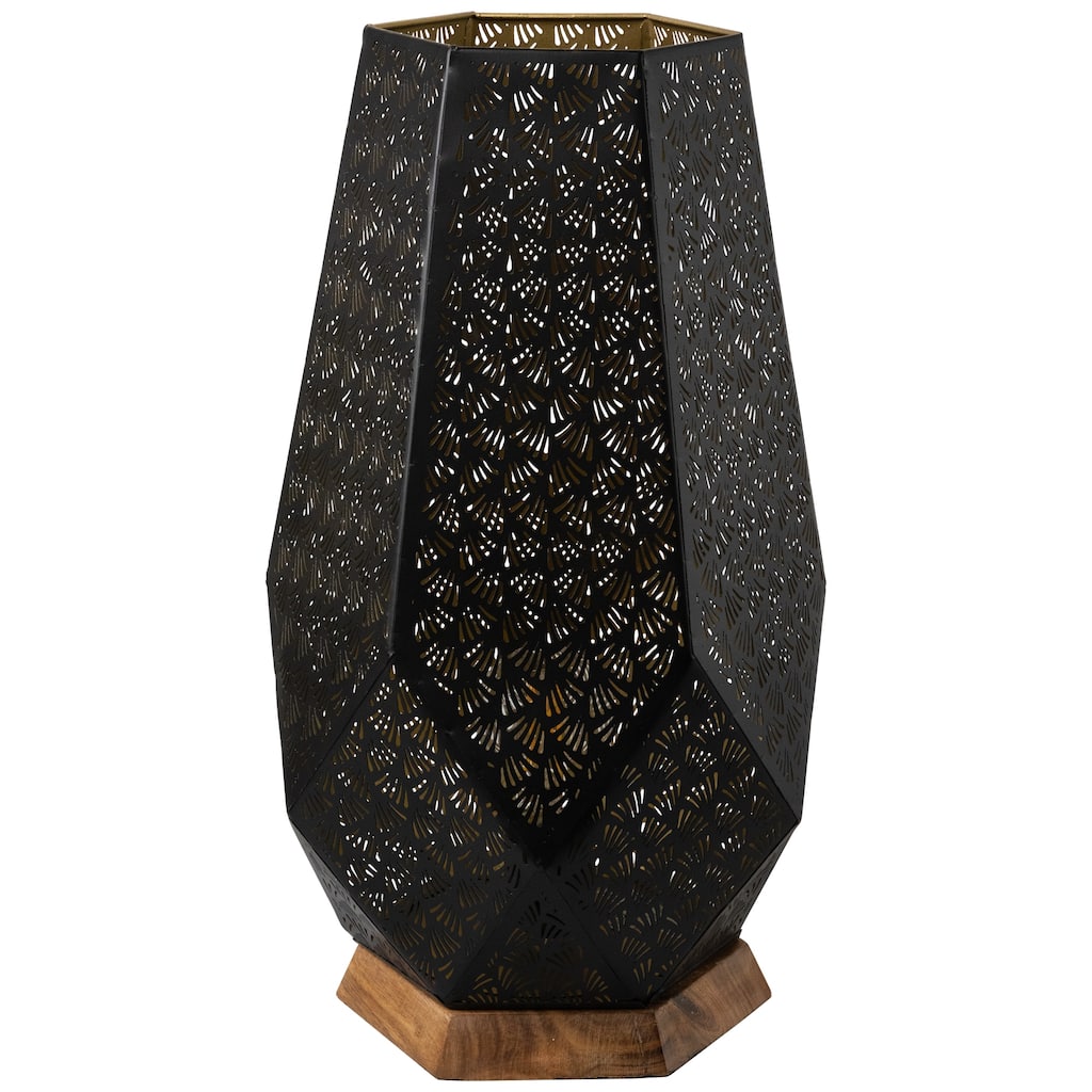 Laser-Cut Leaf Pattern Iron Table Lamp with Wood Base - 16.5" - Black and Gold - 16.5