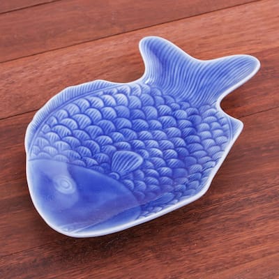 Novica Handmade Mae Ping Fish In Blue Celadon Ceramic Serving Plate