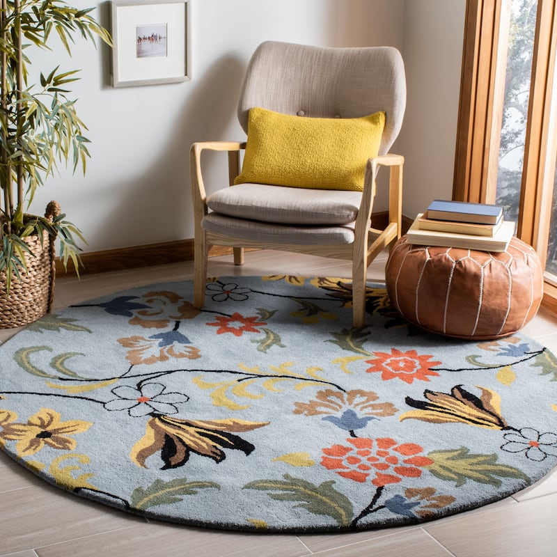 SAFAVIEH Handmade Soho Echo Floral N.Z. Wool Rug - 8' Round - Blue/Multi