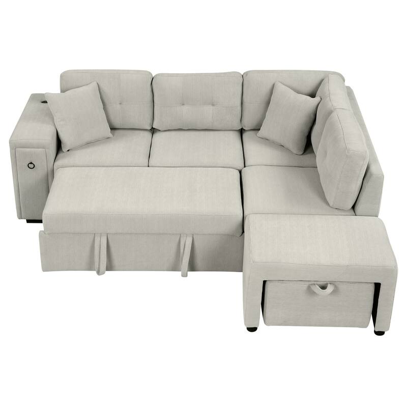 Convertible Sectional Sofa Bed with Ottoman, Chenille L-Shaped Pull Out Couch with Drawer 2 USB Ports & 2 Cup Holders