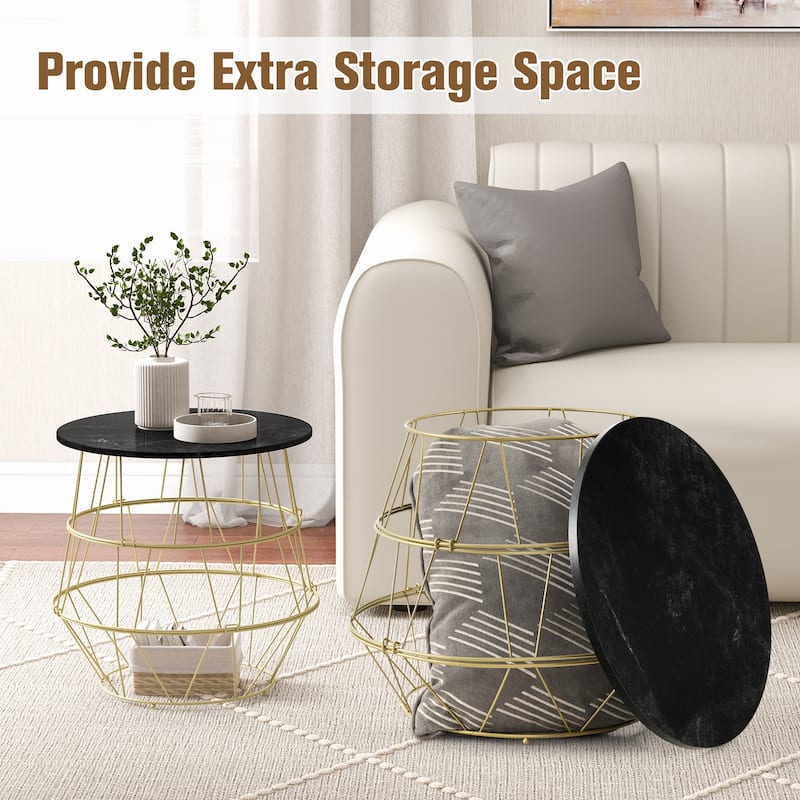 Modern Round Coffee Table with Gold Metal Frame and Storage - 16" x 16" x 15"