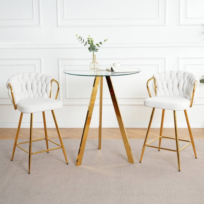 3 Piece Round Tempered Glass Dining Table Set, with Gold-plated Metal Legs - White