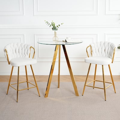 Stylish cotton and linen design, -plated metal table legs, round tempered glass countertop, bar chair cover(set of 3)