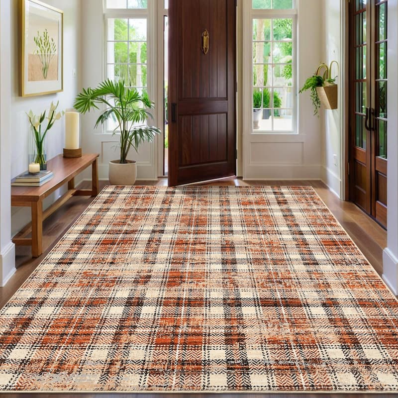 Garvee Earthy Plaid Soft Low Pile Foldable Area Rug