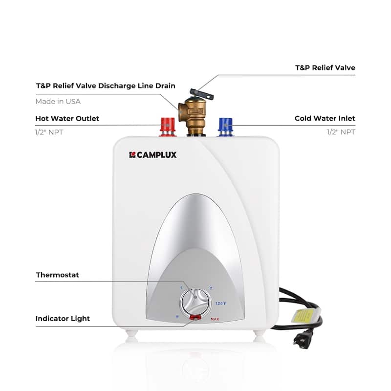 CAMPLUX 1.3 Gallons 1.44 kW Small Mini Tank Electric Water Heater with Cord Plug, White - N/A