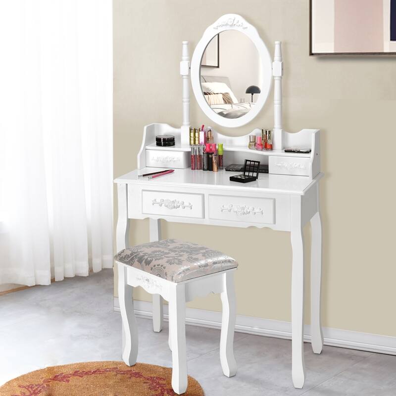 Costway Vanity Wood Makeup Dressing Table Stool Jewelry Desk 4 White - White