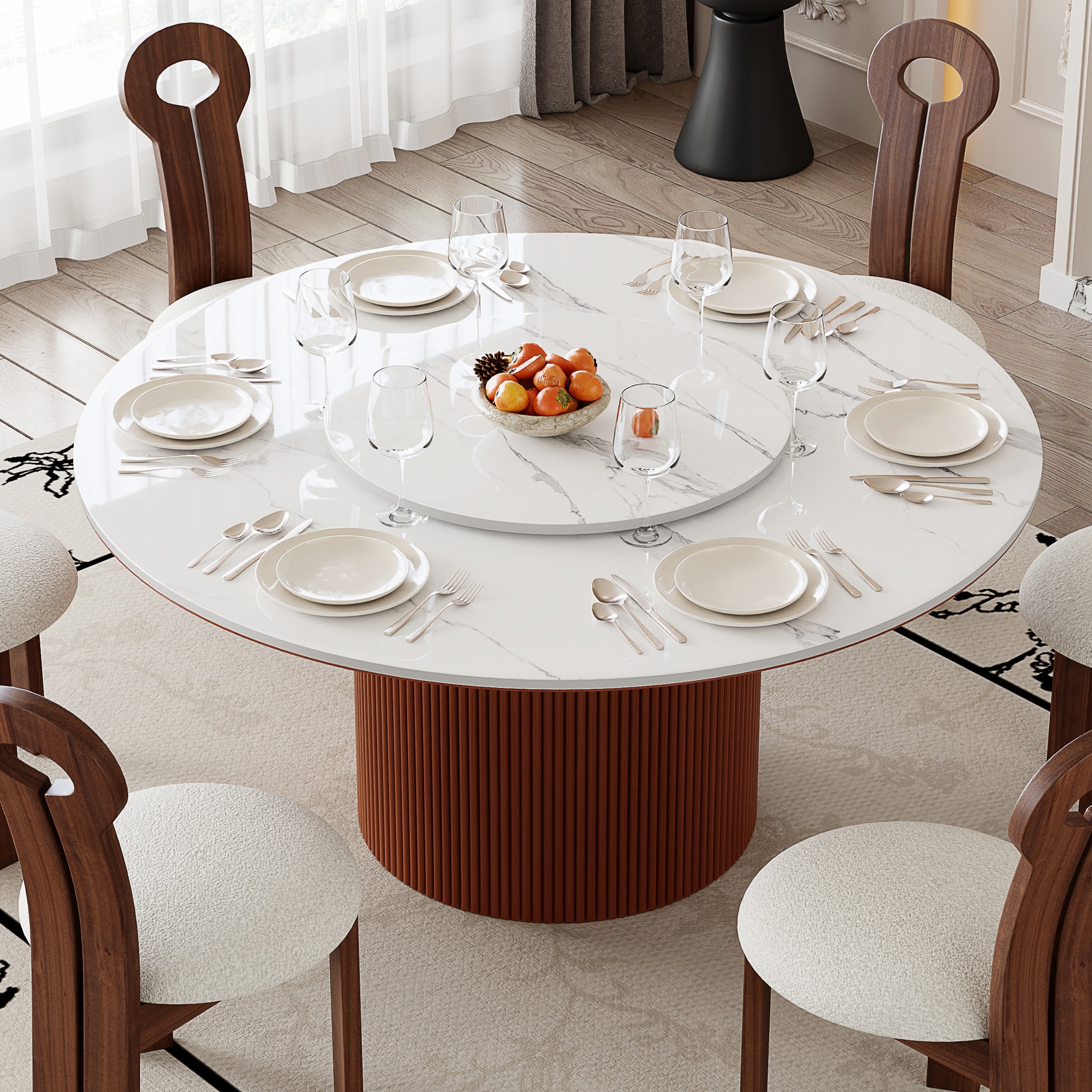 Modern 59"Round Dining Table, White Glossy Stone Table top, Solid Wood leg, for 6-8