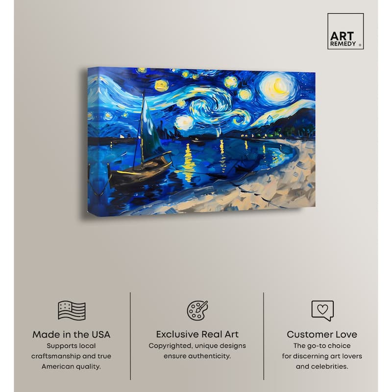 Art Remedy Whimsical Night Sail Gallery Wrapped Impressionism 1 Piece Canvas Wall Art /Monet And Van Gogh Inspired Art