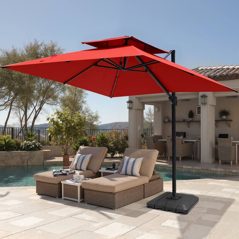 Pellebant Outdoor 10 FT Square Cantilever Patio Umbrella 360 Degree Rotation with Premium Base - Red
