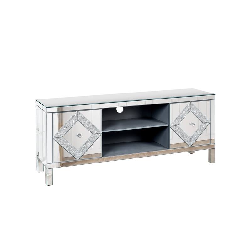 Mirrored TV Stand for 65+ inch TV,Sliver TV Console Table with Open Storage & 2 Storage Cabinets for Living Room