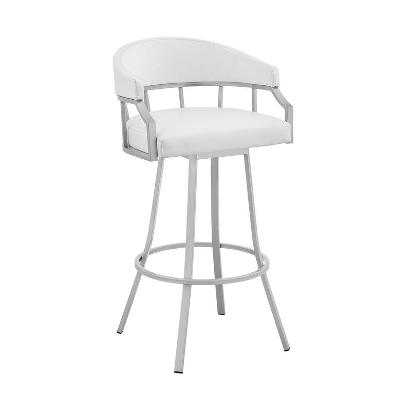 Faux Leather Swivel Bar Chair with Iron Frame and Footrest - White and Silver-40-Inches