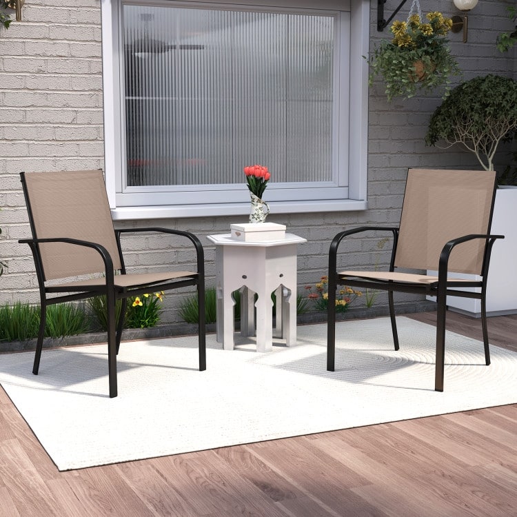 Light Brown Stackable Patio Dining Chairs Set of 2 with Metal Frame and Ergonomic Design - 24" x 22.5" x 35"