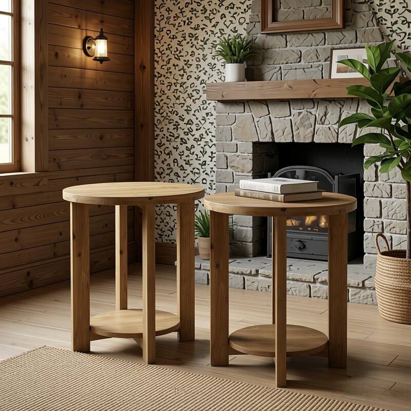 2-Tier Solid Wood End Table, Accent Round Side Table with Storage Shelf