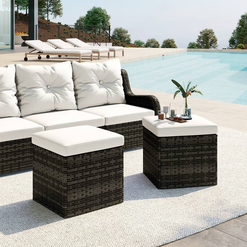 2 Set 17.7" W Outdoor Rattan Patio Square Ottoman with Cushion