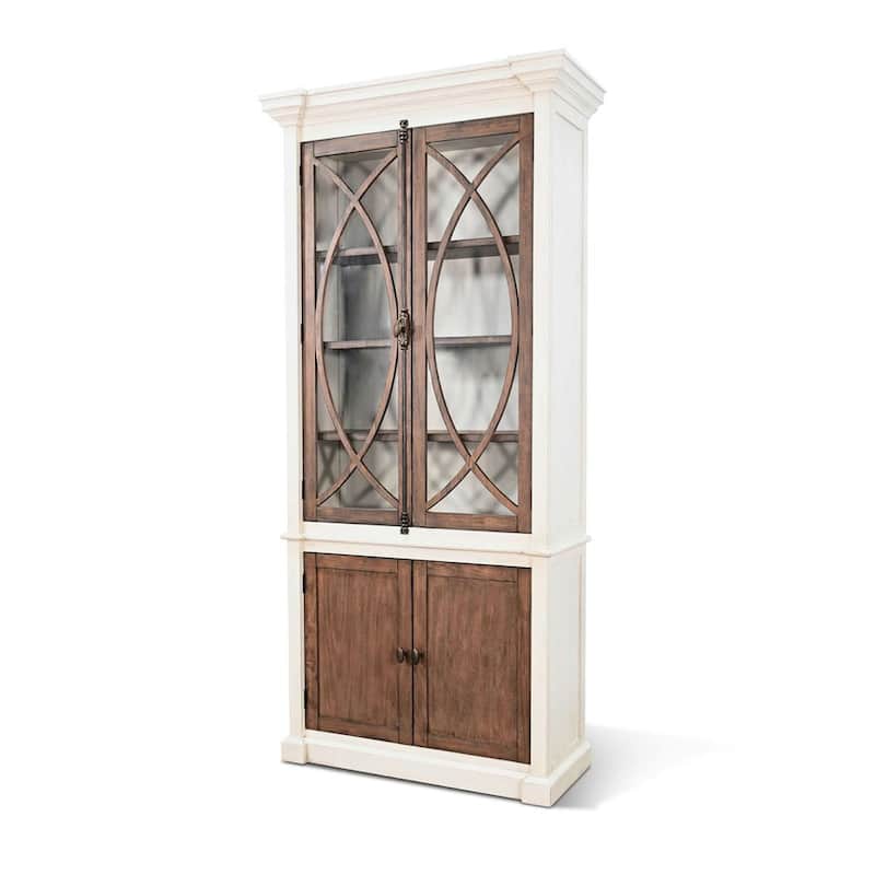 Camie Tall Cabinet, 2 Glass Doors w 2 Brown Doors, White Mahogany Wood