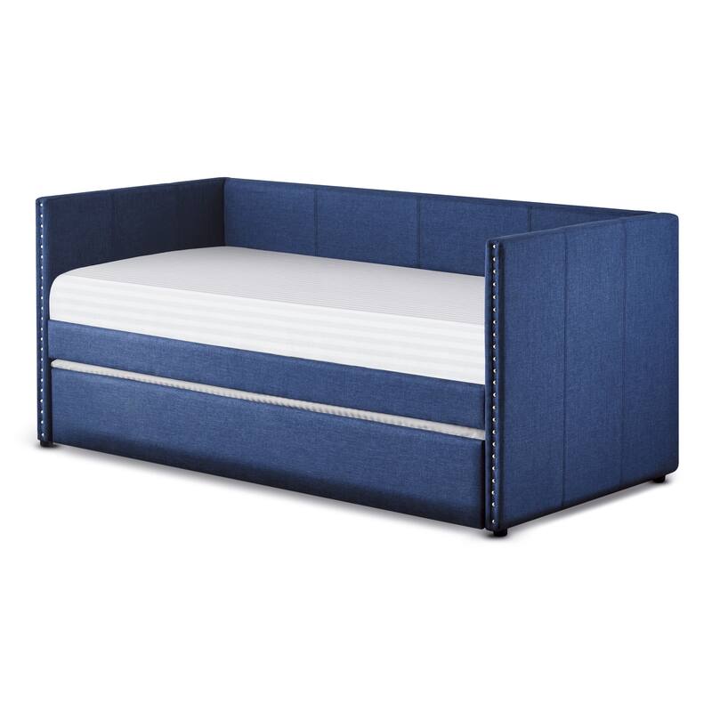 Fabric Upholstered Day Bed with Pull-out Trundle Nailhead Trim Wood