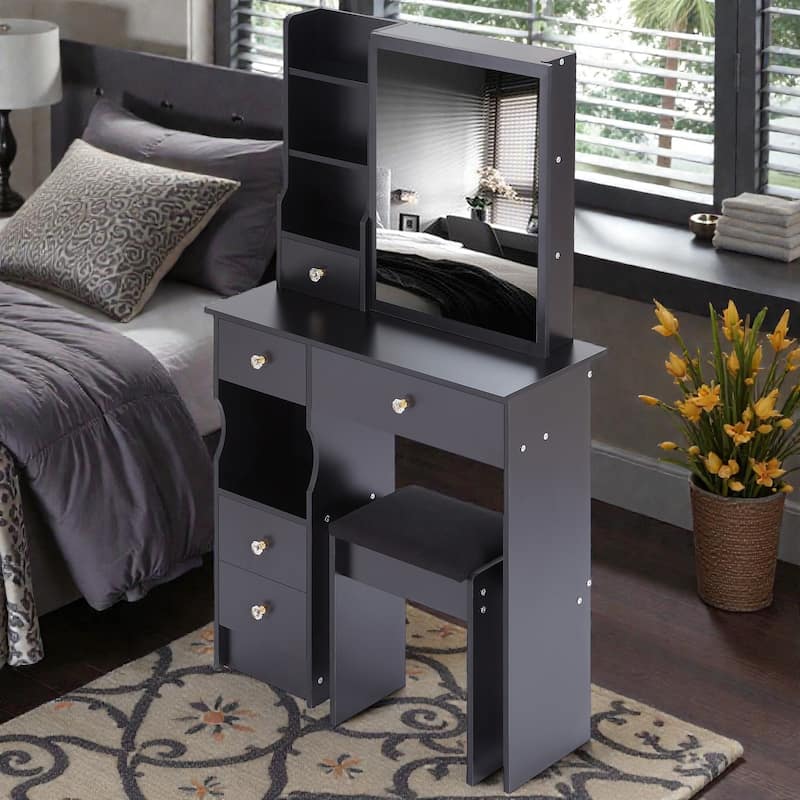 Small Space Vanity Table with Sliding Mirror and Stool, 29.2 Inch Makeup Dresser with Drawer Storage