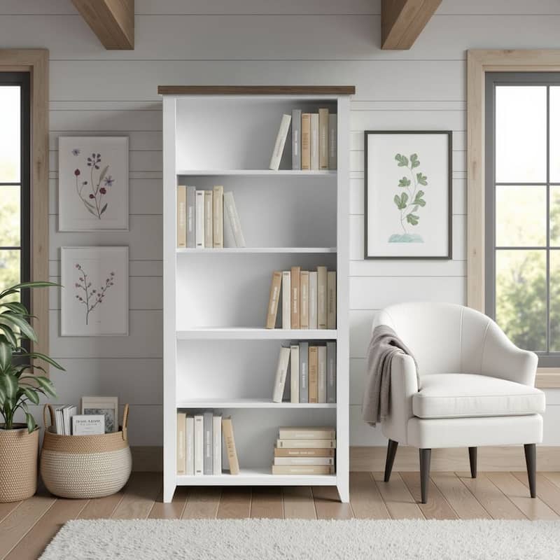Bridgevine Home Modern Farmhouse 72 inch high 5-shelf Bookcase, No Assembly Required, Two-Tone Finish