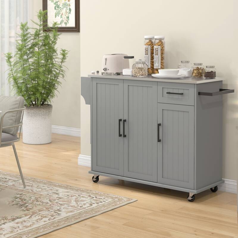 Grey-Silver MDF Kitchen Island Cart with Stainless Steel Top and Wheels - 50.5" W x 18" D x 36" H - Grey-Silver