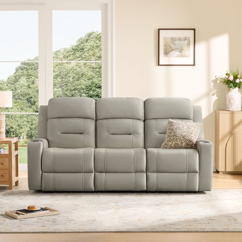 Spruce & Spring Genuine Leather Power Reclining Sofa with Wireless Charging - 3PC - Light Gray