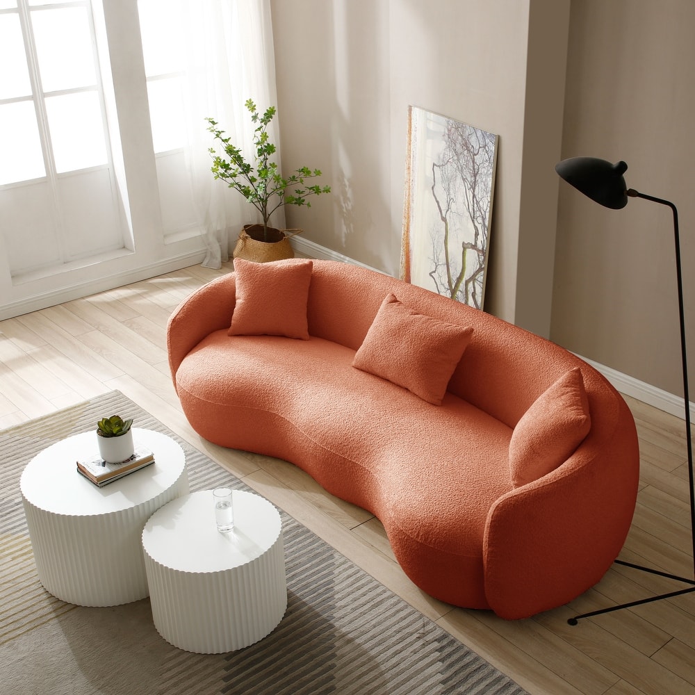 Minimalist Curved Sofa with Pillows - Soft Corduroy or Cozy Polar Fleece Upholstery
