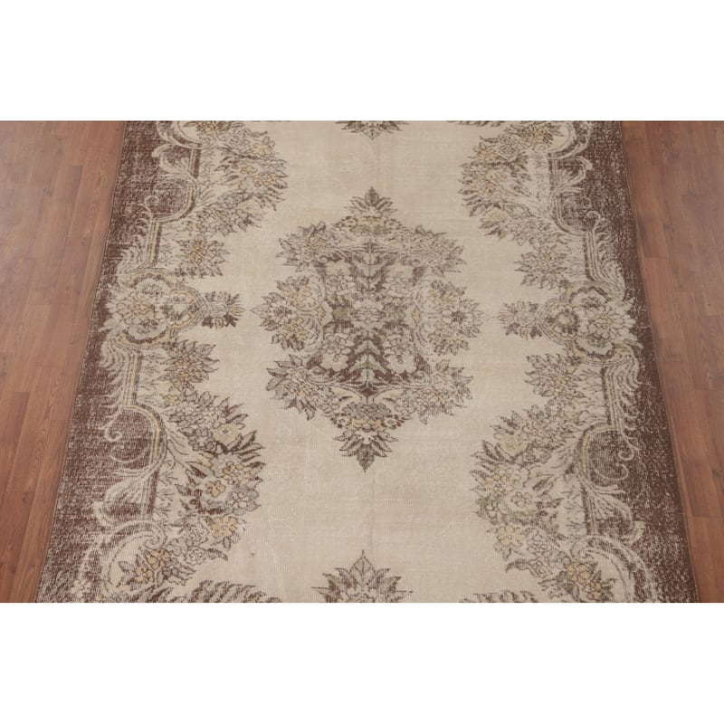 Anatolian Turkish Vintage Rug Handmade Distressed Beige Wool Carpet - 6'1" x 9'7"