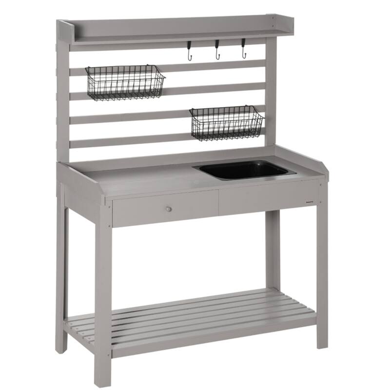Grey Fir Wood Potting Table with Removable Sink Storage Drawer and Hooks Hanging Baskets - 42.25" L x 18" W x 56" H