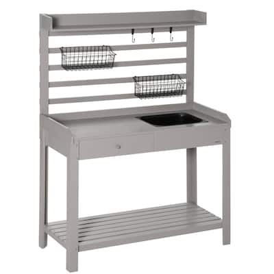 Grey Fir Wood Potting Table with Removable Sink Storage Drawer and Hooks Hanging Baskets - 42.25" L x 18" W x 56" H