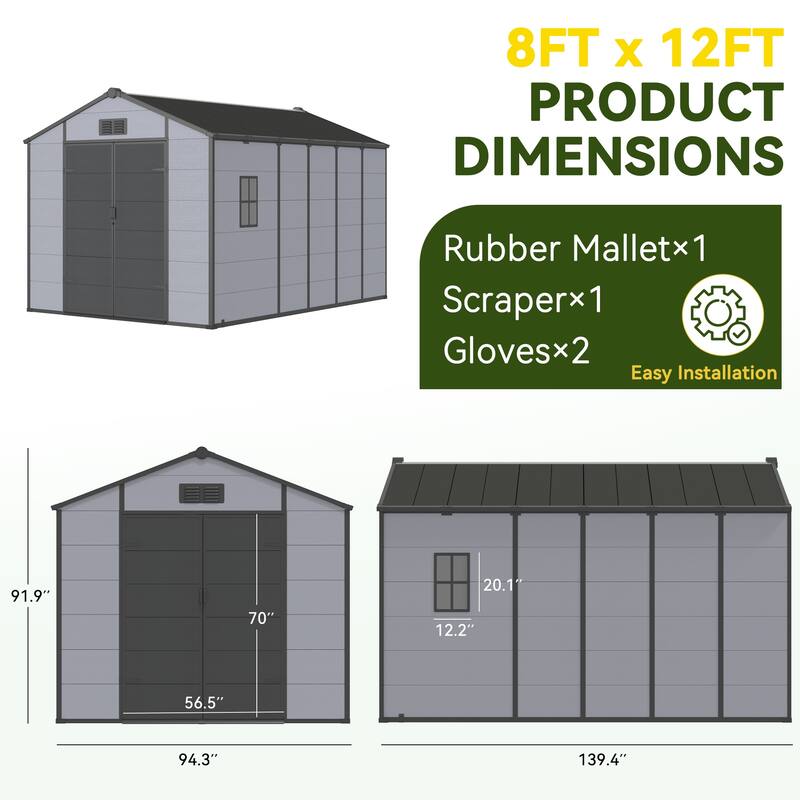 EROMMY Outdoor Storage Shed with Built-In Floor, Lockable Double Doors & Sloped Roof, Gray/Black