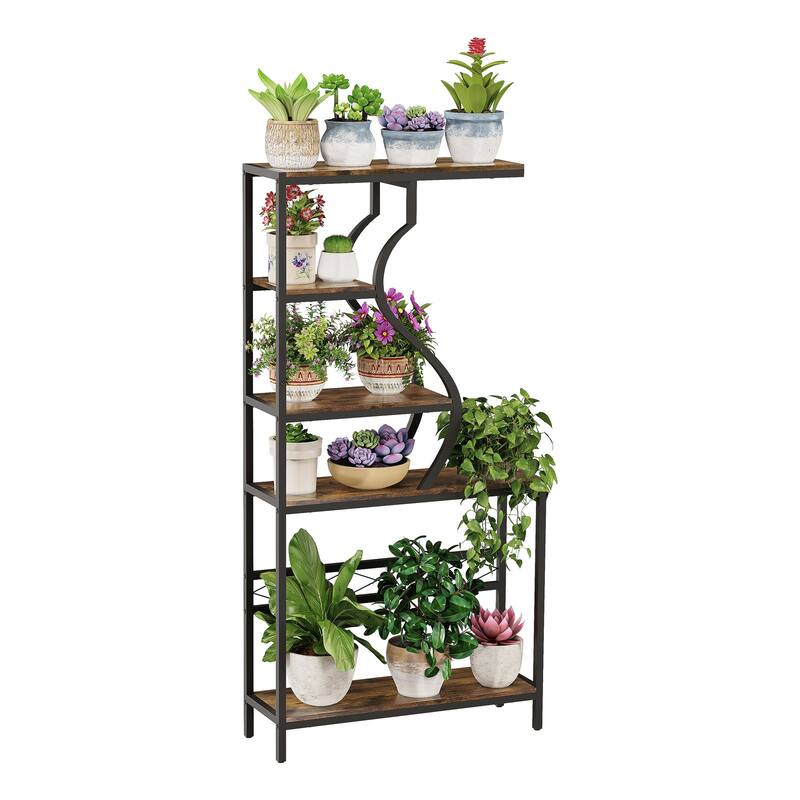 Tall 5-Tier Industrial Metal & Wood Plant Stand, Bookshelf, Bonsai Display - 36" W x 12" D x 72" H
