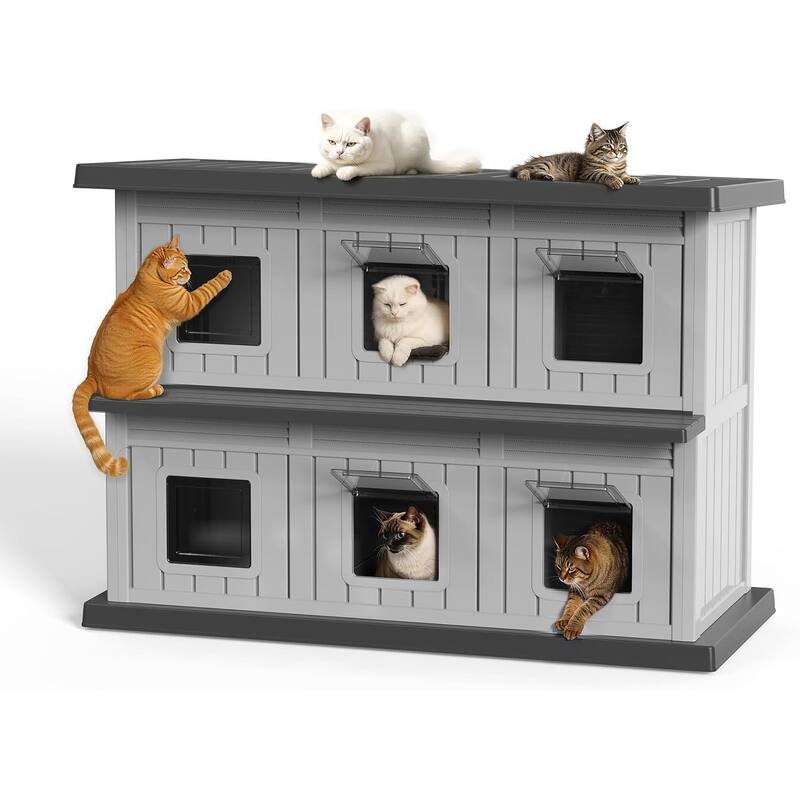 decksplore Sturdy Outdoor Cat House Weatherproof Resin Shelter with 6 Windbreaks Balcony(Black)