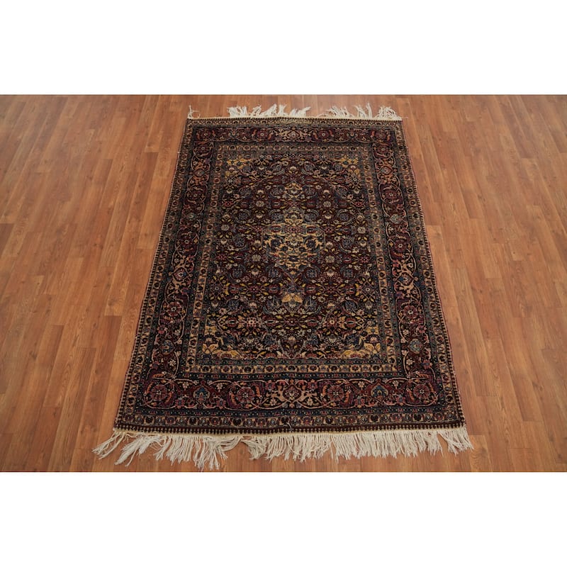 Hand Knotted Oriental 100% Wool Carpet Traditional Floral Red Mashad Area Rug - 5' 9'' X 4' 4''