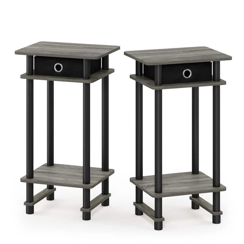 Furinno Turn-N-Tube Tall End Table with Bin - 2-Pack - French Oak Grey/Black/Black