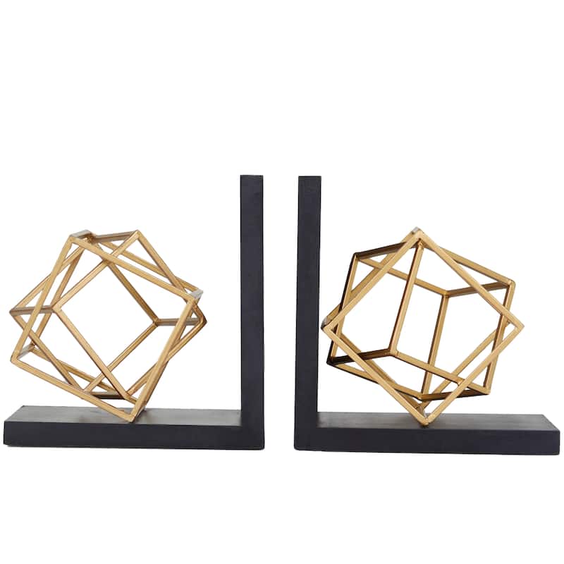 Stainless Steel Metal Geometric Overlapping Cube Bookends with Black Bases - Set of 2 Gold - Roche River Decor - 6"W x 8"L x 8"H