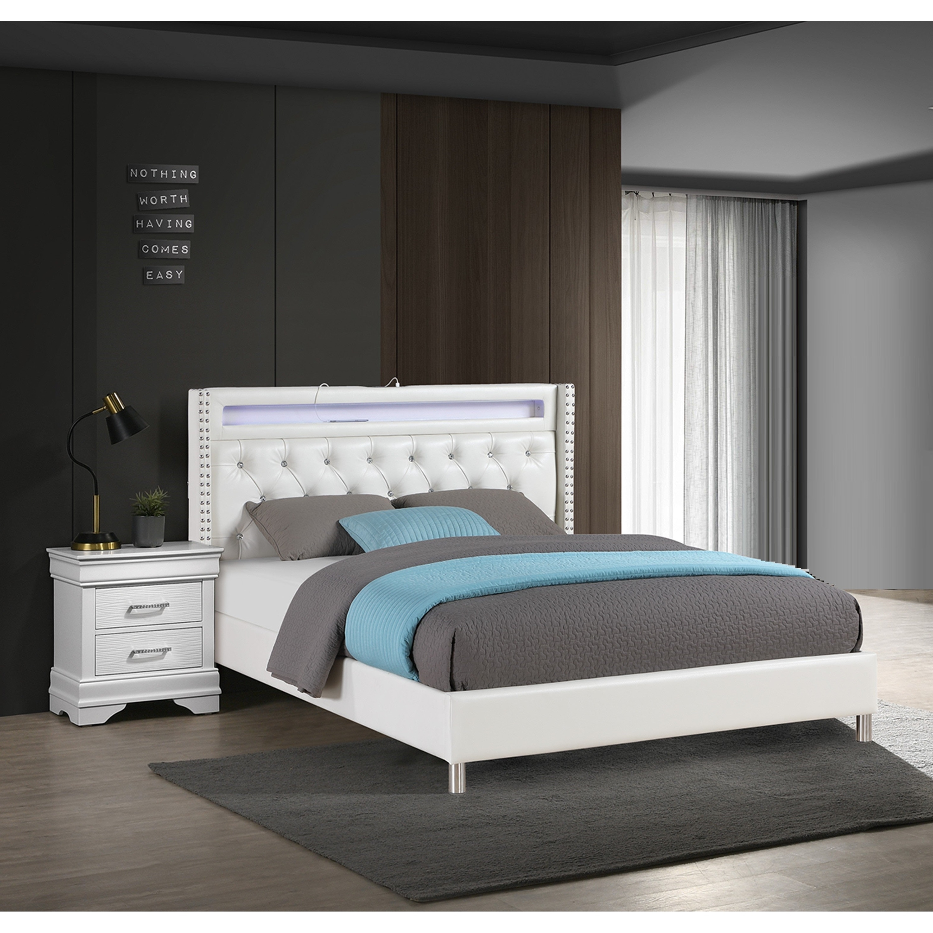Contemporary Style Bed Set Nailhead Trim Diamond Accent Handles LED Lights White Finish Bedroom Furniture