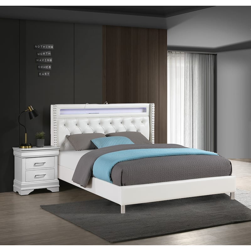 Contemporary Style Bed Set Nailhead Trim Diamond Accent Handles LED Lights White Finish Bedroom Furniture - 3 Piece