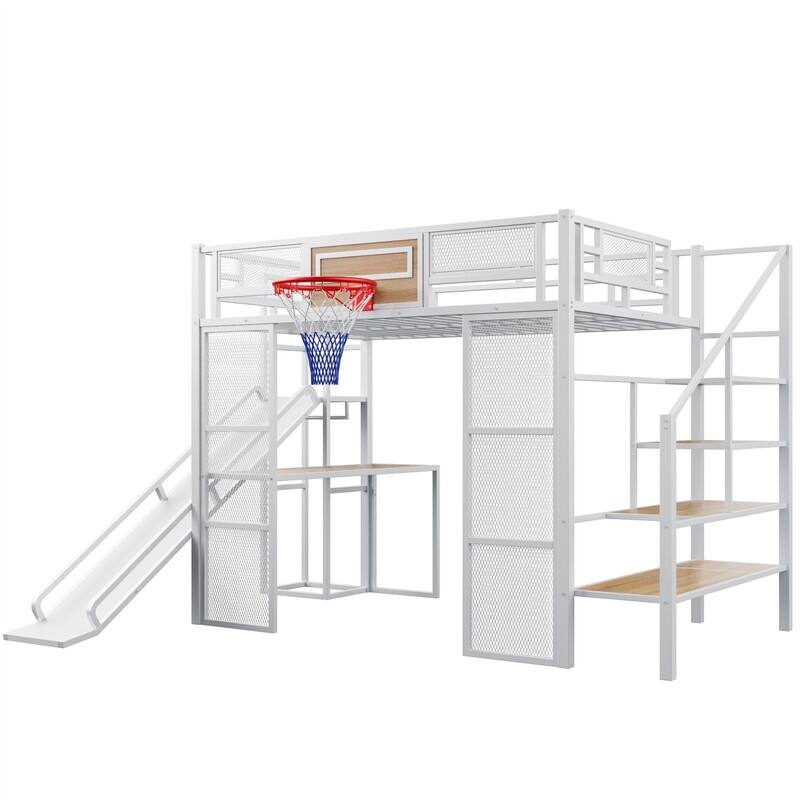 Metal Loft Bed with Bulit-in Desk, Slide and Open Wardrobe, Full Size Loft Bedframe with Storage Staircase and Basketball hoop