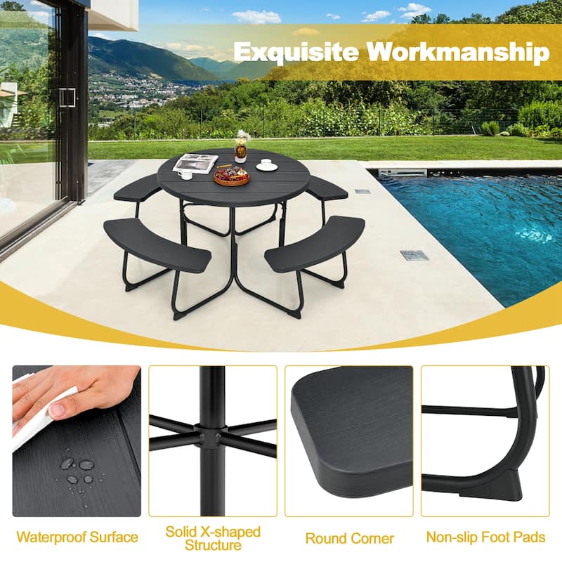 Outdoor Round Picnic Table Bench Set with 4 Benches & Umbrella Hole