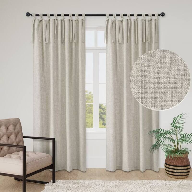 Linen Texture Tie Top Room Darkening Curtain Pair(2 panels) - 52"Wx108"L - Natural