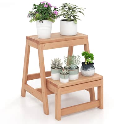 Space-Saving Solid Fir Wood 2-Tier Folding Step Stool Ladder for High Shelves and Plant Display