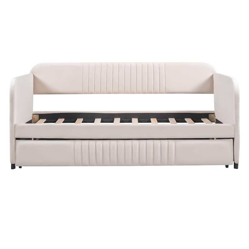 Upholstered Sofa Bed Twin Size With Trundle Bed and Wood Slat