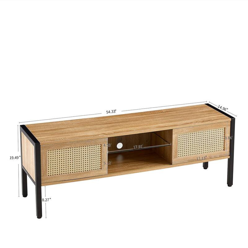 Rattan Tv Cabinet w/Variable Color Light Strip,Double Sliding Doors