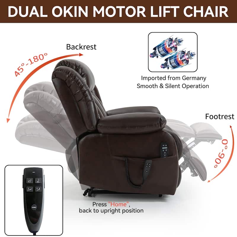 Brown Medium-Sized Electric Power Lift Recliner Chair in Genuine Leather with Dual Motors, 8-Point Massage, Lumbar Heating