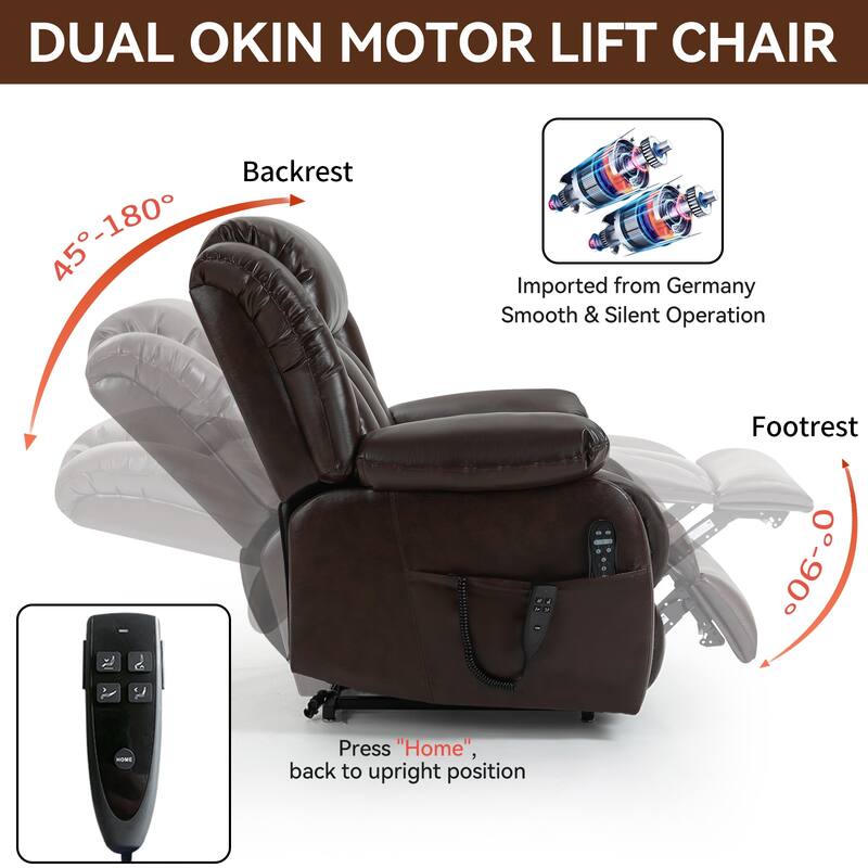 Brown Power Lift Recliner with Dual Motors, 8-Point Vibration Massage, and Heated Lumbar Support