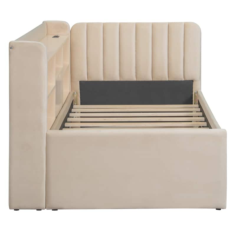 Twin Size Upholstered Daybed with Pop Up Trundle and Storage Shelves & Socket