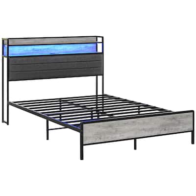 Full Size Platform Bed Frame with RGB Lights And Charging Station - LED Headboard, Under-Bed Storage